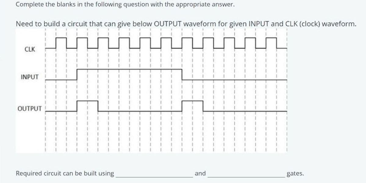Complete the blanks in the following question with the appropriate answer.
Need to build a circuit that can give below OUTPUT waveform for given INPUT and CLK (clock) waveform.
CLK
INPUT
OUTPUT
Required circuit can be built using
1
1
1
and
1
gates.