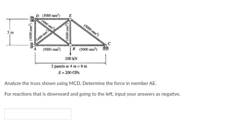 D (5000 mm?)
(4000 mm
(5000 mm?)
3 m
(4000 mn)
(5000 mm)
B (5000 mm?)
A
100 kN
2 panels at 4 m 8 m
E = 200 GPa
Analyze the truss shown using MCD. Determine the force in member AE.
For reactions that is downward and going to the left, input your answers as negative.
* („uu 000)
/4000 mm)
