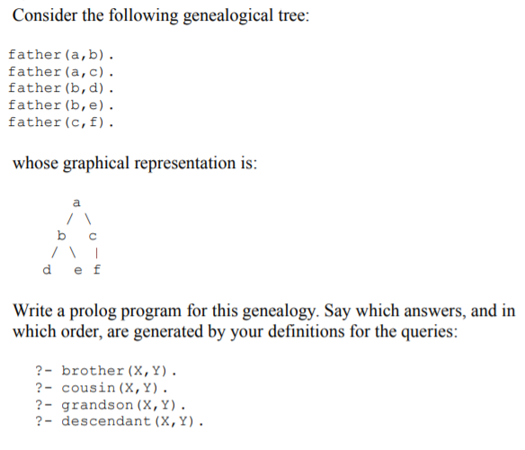 Consider the following genealogical tree:
father (a,b).
father (a,c).
father (b, d).
father (b,e).
father (c, f).
whose graphical representation is:
b
d
e f
Write a prolog program for this genealogy. Say which answers, and in
which order, are generated by your definitions for the queries:
?- brother (X,Y).
?- cousin (X,Y).
?- grandson (X,Y).
?- descendant (X,Y).
