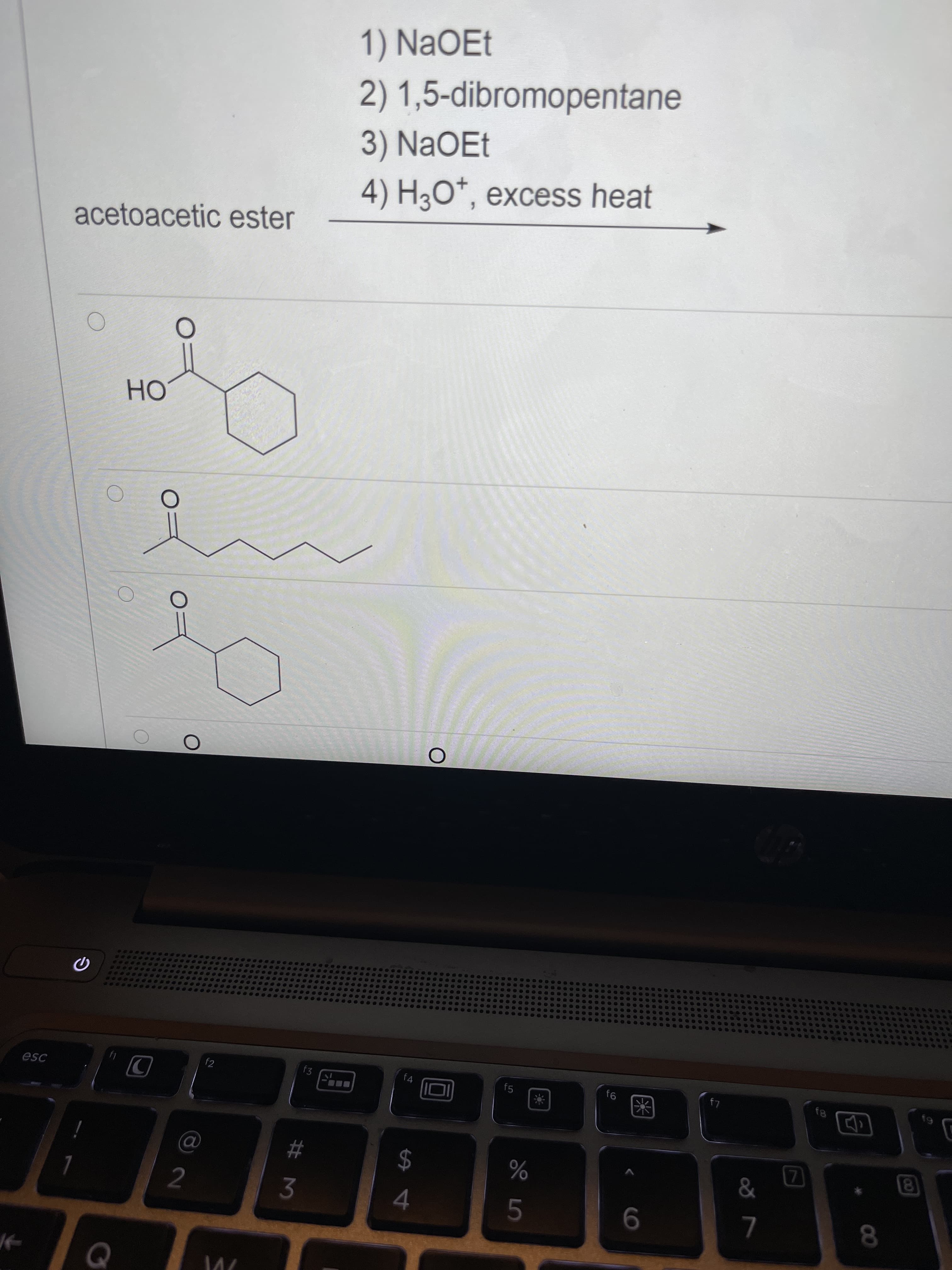 1) NaOEt
2) 1,5-dibromopentane
3) NaOEt
4) H3O*, excess heat
acetoacetic ester
