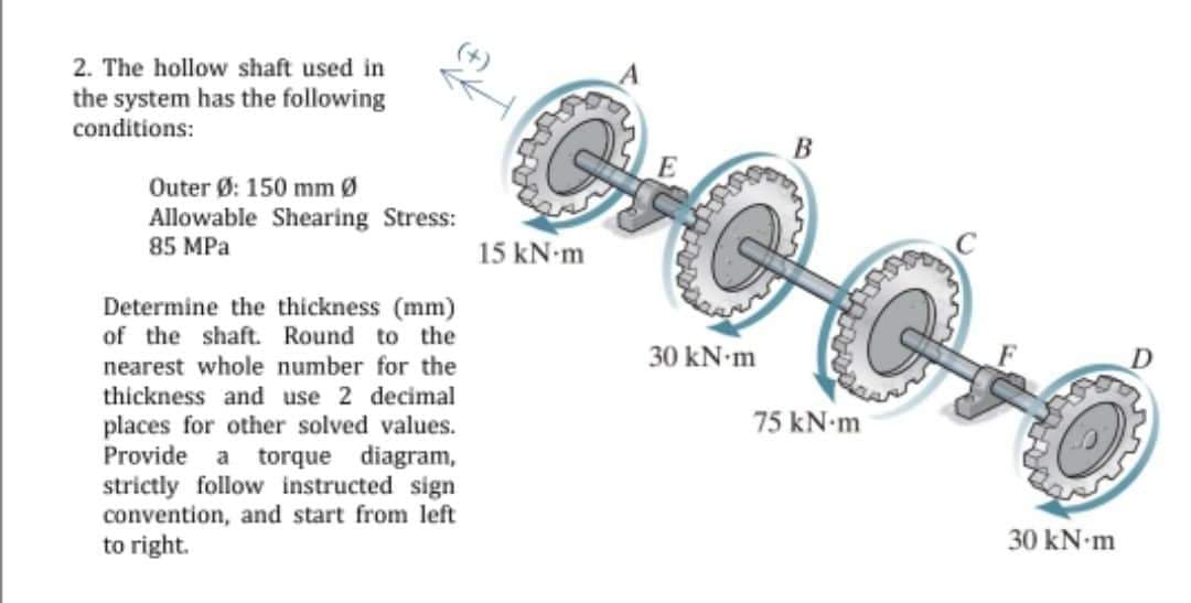 2. The hollow shaft used in
the system has the following
conditions:
Outer Ø: 150 mm Ø
Allowable Shearing Stress:
85 MPa
15 kN-m
Determine the thickness (mm)
of the shaft. Round to the
nearest whole number for the
thickness and use 2 decimal
places for other solved values.
Provide a torque diagram,
strictly follow instructed sign
convention, and start from left
to right.
30 kN-m
75 kN-m
30 kN m
