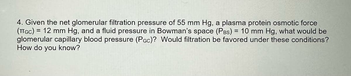 4. Given the net glomerular filtration pressure of 55 mm Hg, a plasma protein osmotic force
(TTGC) = 12 mm Hg, and a fluid pressure in Bowman's space (PBS) = 10 mm Hg, what would be
glomerular capillary blood pressure (PGC)? Would filtration be favored under these conditions?
How do you know?