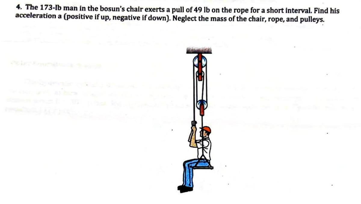 4. The 173-lb man in the bosun's chair exerts a pull of 49 lb on the rope for a short interval. Find his
acceleration a (positive if up, negative if down). Neglect the mass of the chair, rope, and pulleys.