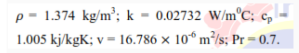p = 1.374 kg/m³; k = 0.02732 W/m°C; cp
1.005 kj/kgK; v = 16.786 × 10° m²/s; Pr = 0.7.

