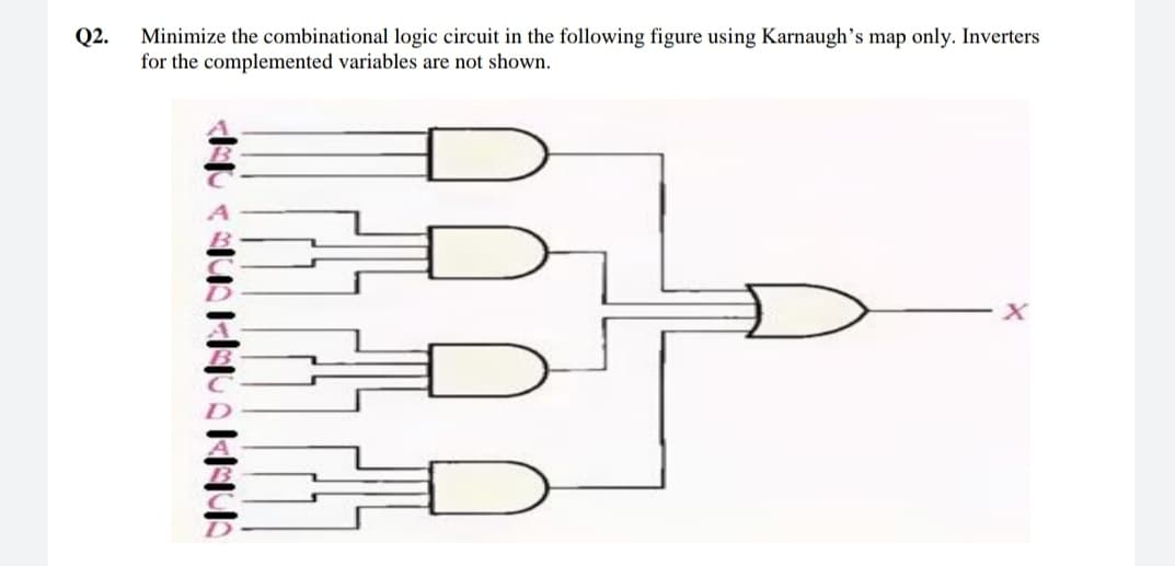 Minimize the combinational logic circuit in the following figure using Karnaugh's map only. Inverters
for the complemented variables are not shown.
Q2.
てに の一2
