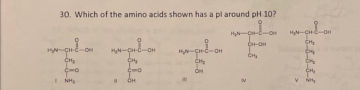 30. Which of the amino acids shown has a pl around pH 10?
O
H2N-CH-C-OH
H2N-CH-C-OH
CH2
CH-OH
H2N-CH-C-OH
H2N-CH-C-OH
H2N-CH-C-OH
CH2
CH3
CH2
CH2
CH2
CH2
C=O
OH
CH2
1
NH2
OH
III
IV
V NH2