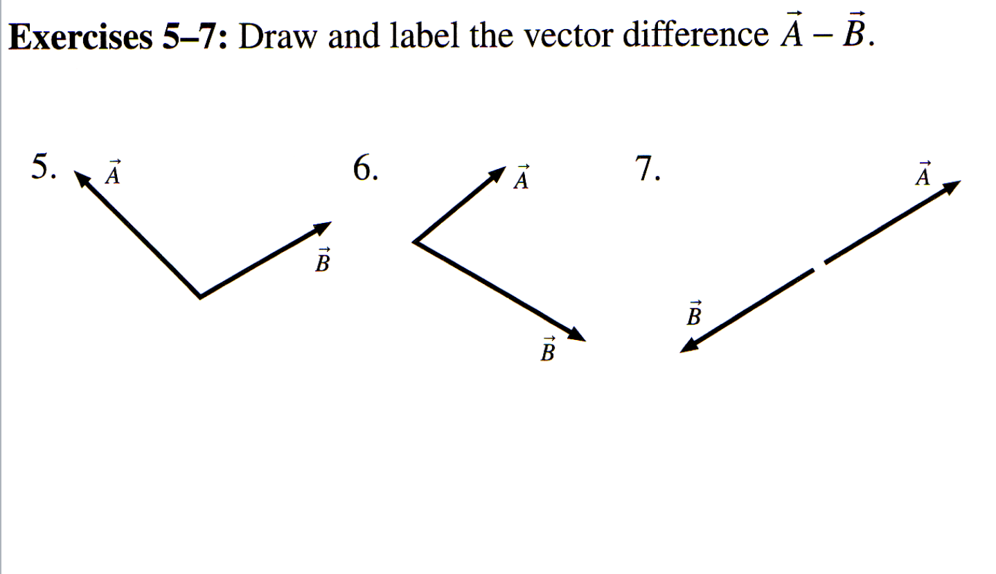 Exercises 5–7: Draw and label the vector difference A – B.
6.
7.
В
В
В
5.
