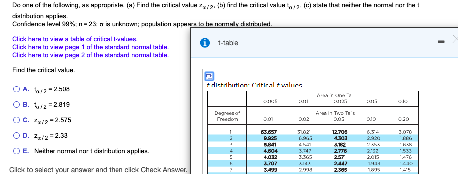 Do one of the following, as appropriate. (a) Find the critical value za/2, (b) find the critical value ta/2, (c) state that neither the normal nor the t
distribution applies.
Confidence level 99%; n= 23; o is unknown; population appears to be normally distributed.
Click here to view a table of critical t-values.
Click here to view page 1 of the standard normal table.
Click here to view page 2 of the standard normal table.
t-table
Find the critical value.
t distribution: Critical t values
O A. ta/2 = 2.508
O B. ta/2 = 2.819
Area in One Tail
0.005
0.05
0.10
0.01
0.025
Degrees of
Freedom
Area in Two Tails
0.05
O C. Za/2 = 2.575
O D. Za/2 = 2.33
0.01
0.10
0.20
0.02
31.821
6.965
4.541
3.747
3.365
3.143
2.998
63.657
12.706
4.303
3.182
2.776
2.571
2.447
2.365
1
6.314
2.920
2.353
2.132
2.015
1.943
1.895
3.078
1.886
1.638
1.533
1.476
1.440
1.415
9.925
5.841
4.604
4.032
3.707
E. Neither normal nor t distribution applies.
6.
Click to select your answer and then click Check Answer.
3.499

