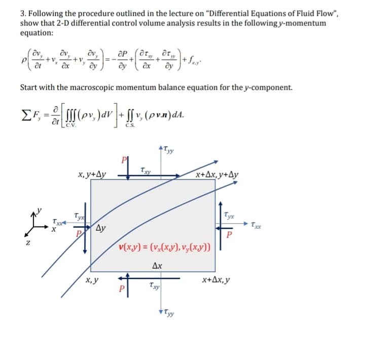 3. Following the procedure outlined in the lecture on "Differential Equations of Fluid Flow",
show that 2-D differential control volume analysis results in the following y-momentum
equation:
(+v+-+(6+²) Sex
dy
dy ax dy
Start with the macroscopic momentum balance equation for the y-component.
at
Z
ΣΕ = = 2 [{[[{(pv,)dv] + [[ v, (pvn)d₁.
C.S.
Txx
X
C.V.
x,y+Ay
P
Ay
x,y
1
Txy
at,
+Tyy
v(x,y) = (vx(x,y), vy(x,y))
Ax
Txy
x+Δx,y+Δy
Tyy
Tyx
P
x+Δx,y
Txx