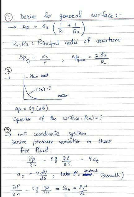 Derive for general
sur face:-
%3D
R,
R2
Riy Rz Pincipa vadi of weva ture
APay =
265
R.
2)
Plain wall
f(x)=?
water
op = s9 (ah)
of the surface fen)=?
%3D
Equation
n-t coordinate system
Derive preesuee varcia tion in
hree fluid.
Shear
sat
de
vdv
take f. (Beenaulti)
Constant
= San
%3D
on
Re
