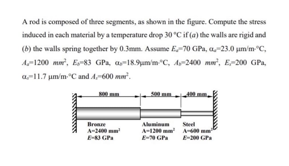 A rod is composed of three segments, as shown in the figure. Compute the stress
induced in each material by a temperature drop 30 °C if (a) the walls are rigid and
(b) the walls spring together by 0.3mm. Assume E.-70 GPa, a.-23.0 µm/m-°C,
A=1200 mm, Es=83 GPa, as=18.9µm/m-°C, A=2400 mm², E=200 GPa,
a=11.7 µm/m-°C and A,=600 mm?.
800 mm
500 mm
400 mm.
Bronze
A=2400 mm²
Aluminum
A=1200 mm?
E=70 GPa
Steel
A=600 mm
E=200 GPa
E=83 GPa
