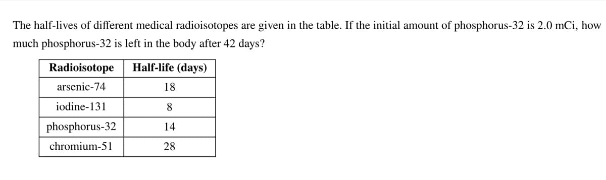 The half-lives of different medical radioisotopes are given in the table. If the initial amount of phosphorus-32 is 2.0 mCi, how
much phosphorus-32 is left in the body after 42 days?
Radioisotope
Half-life (days)
arsenic-74
18
iodine-131
8
phosphorus-32
14
chromium-51
28
