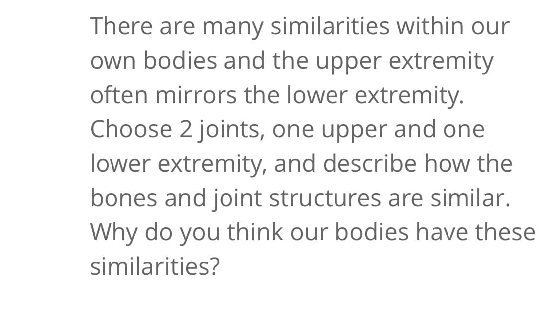 There are many similarities within our
own bodies and the upper extremity
often mirrors the lower extremity.
Choose 2 joints, one upper and one
lower extremity, and describe how the
bones and joint structures are similar.
Why do you think our bodies have these
similarities?
