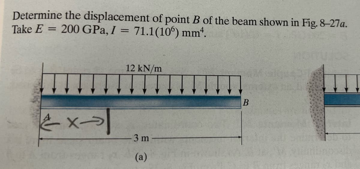 Determine the displacement of point B of the beam shown in Fig. 8-27a.
Take E= 200 GPa, I = 71.1(106) mm².
x-
12 kN/m
-3 m
(a)
B