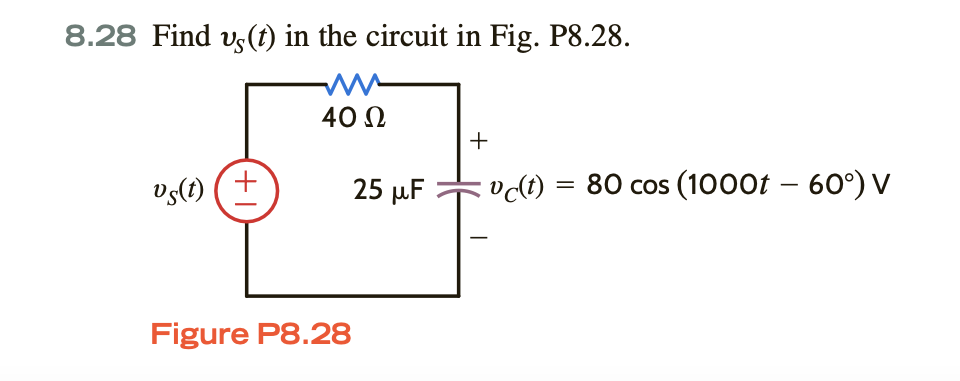 8.28 Find us (t) in the circuit in Fig. P8.28.
Vs(t) (+
40 Ω
Figure P8.28
25 μF
+
vc(t) = 80 cos (1000t – 60°) V