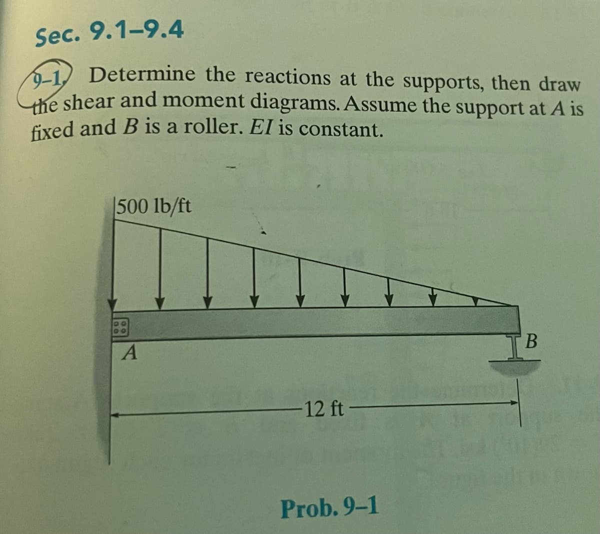 Sec. 9.1-9.4
9-1,
Determine the reactions at the supports, then draw
the shear and moment diagrams. Assume the support at A is
fixed and B is a roller. El is constant.
500 lb/ft
DO
A
-12 ft-
Prob. 9-1
B
