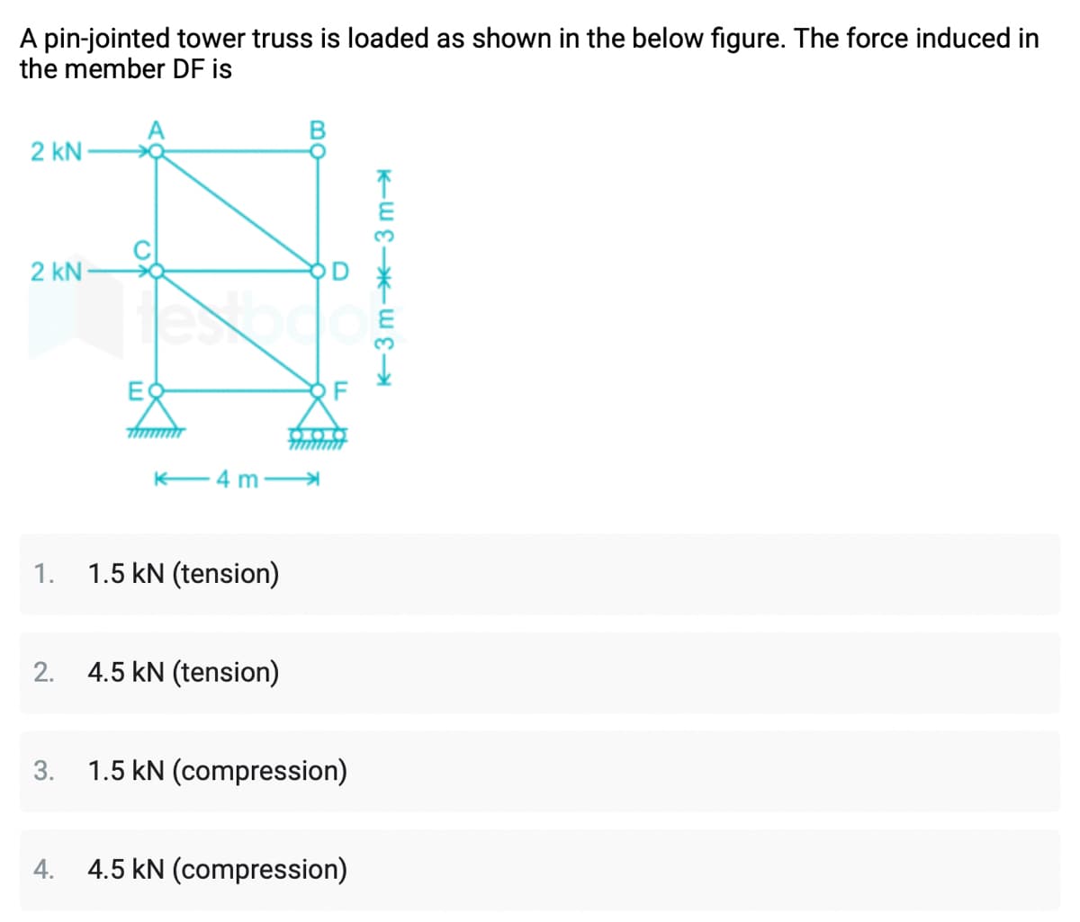 A pin-jointed tower truss is loaded as shown in the below figure. The force induced in
the member DF is
2 kN
2 kN-
K4 m
1. 1.5 kN (tension)
2. 4.5 kN (tension)
F
3. 1.5 kN (compression)
4. 4.5 kN (compression)
K-E E-EE