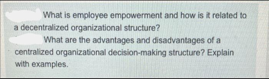 What is employee empowerment and how is it related to
a decentralized organizational structure?
What are the advantages and disadvantages of a
centralized organizational decision-making structure? Explain
with examples.
