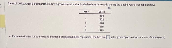 Sales of Volkswagen's popular Beetle have grown steadily at auto dealerships in Nevada during the past 5 years (see table below).
Year
1
2
3
4
5
Sales
460
502
520
575
575
a) Forecasted sales for year 6 using the trend projection (linear regression) method are sales (round your response to one decimal place).