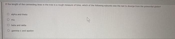 Ir the length of the connecting lines in the tree is a rough measure of time, which of the following subunits was the last to diverge from the primordial globin?
O blpha and theta
1mu
ebeta and delta
Opamma-1 and epsilon
