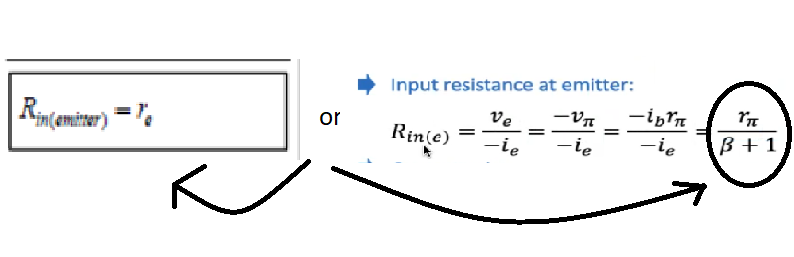 Input resistance at emitter:
Ain(eminer) =e
or
ve
Rinie)
%3D
-ie
-ie
-ie
B +1

