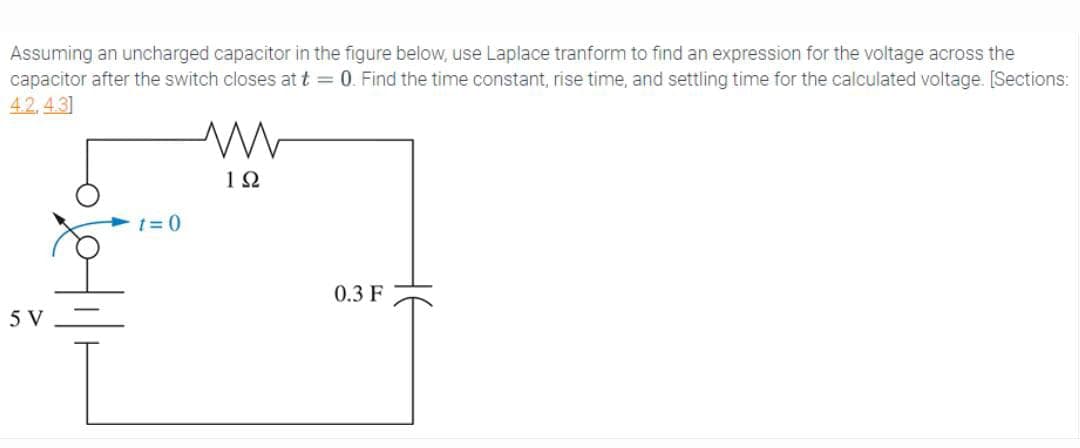 Assuming an uncharged capacitor in the figure below, use Laplace tranform to find an expression for the voltage across the
capacitor after the switch closes at t = 0. Find the time constant, rise time, and settling time for the calculated voltage. [Sections:
4.2.4.3]
5 V
t=0
192
0.3 F