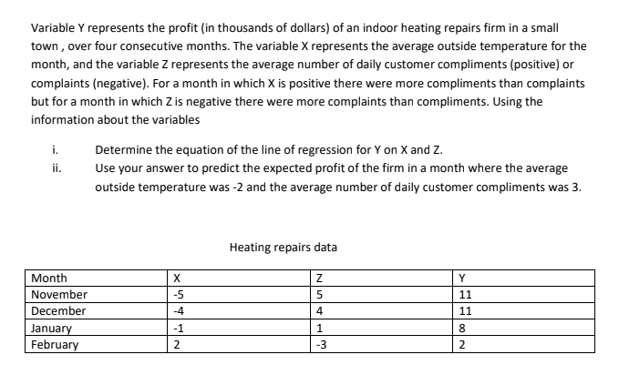 Variable Y represents the profit (in thousands of dollars) of an indoor heating repairs firm in a small
town , over four consecutive months. The variable X represents the average outside temperature for the
month, and the variable Z represents the average number of daily customer compliments (positive) or
complaints (negative). For a month in which X is positive there were more compliments than complaints
but for a month in which Z is negative there were more complaints than compliments. Using the
information about the variables
i.
Determine the equation of the line of regression for Y on X and Z.
Use your answer to predict the expected profit of the firm in a month where the average
ii.
outside temperature was -2 and the average number of daily customer compliments was 3.
Heating repairs data
Month
X
Y
November
-5
11
December
-4
4
11
January
February
-1
8.
-3
2
