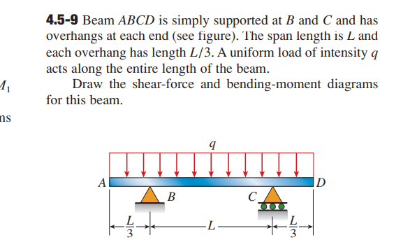4.5-9 Beam ABCD is simply supported at B and C and has
overhangs at each end (see figure). The span length is L and
each overhang has length L/3. A uniform load of intensity q
acts along the entire length of the beam.
Draw the shear-force and bending-moment diagrams
for this beam.
ns
A
D
В
C
-L
3
N/3
