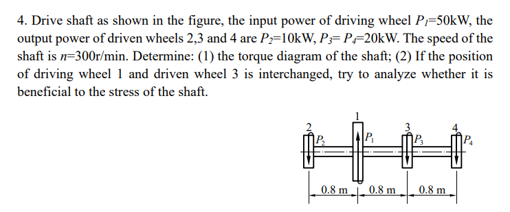 4. Drive shaft as shown in the figure, the input power of driving wheel P=50kW, the
output power of driven wheels 2,3 and 4 are P2=10kW, P3= P=20kW. The speed of the
shaft is n=300r/min. Determine: (1) the torque diagram of the shaft; (2) If the position
of driving wheel 1 and driven wheel 3 is interchanged, try to analyze whether it is
beneficial to the stress of the shaft.
0.8 m
0.8 m
0.8 m
