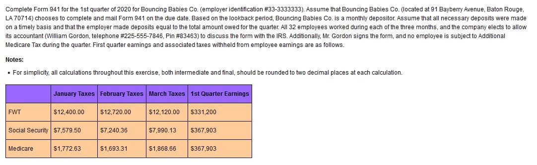 Complete Form 941 for the 1st quarter of 2020 for Bouncing Babies Co. (employer identification #33-3333333). Assume that Bouncing Babies Co. (located at 91 Bayberry Avenue, Baton Rouge,
LA 70714) chooses to complete and mail Form 941 on the due date. Based on the lookback period, Bouncing Babies Co. is a monthly depositor. Assume that all necessary deposits were made
on a timely basis and that the employer made deposits equal to the total amount owed for the quarter. All 32 employees worked during each of the three months, and the company elects to allow
its accountant (William Gordon, telephone #225-555-7846, Pin #83463) to discuss the form with the IRS. Additionally, Mr. Gordon signs the form, and no employee is subject to Additional
Medicare Tax during the quarter. First quarter earnings and associated taxes withheld from employee earnings are as follows.
Notes:
• For simplicity, all calculations throughout this exercise, both intermediate and final, should be rounded to two decimal places at each calculation.
January Taxes February Taxes March Taxes 1st Quarter Earnings
FWT
$12,400.00
$12,720.00
$12,120.00
$331,200
Social Security $7,579.50
$7,240.36
$7,990.13
$367,903
Medicare
$1,772.63
$1,693.31
$1,868.66
$367,903
