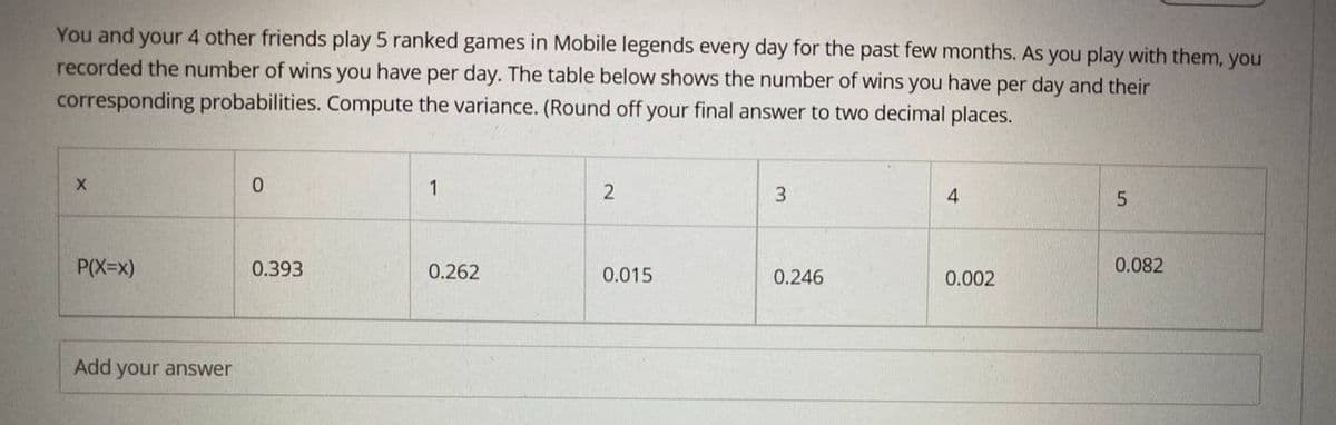 You and your 4 other friends play 5 ranked games in Mobile legends every day for the past few months. As you play with them, you
recorded the number of wins you have per day. The table below shows the number of wins you have per day and their
corresponding probabilities. Compute the variance. (Round off your final answer to two decimal places.
1
3
4
P(X=x)
0.393
0.262
0.015
0.246
0.002
0.082
Add your answer
