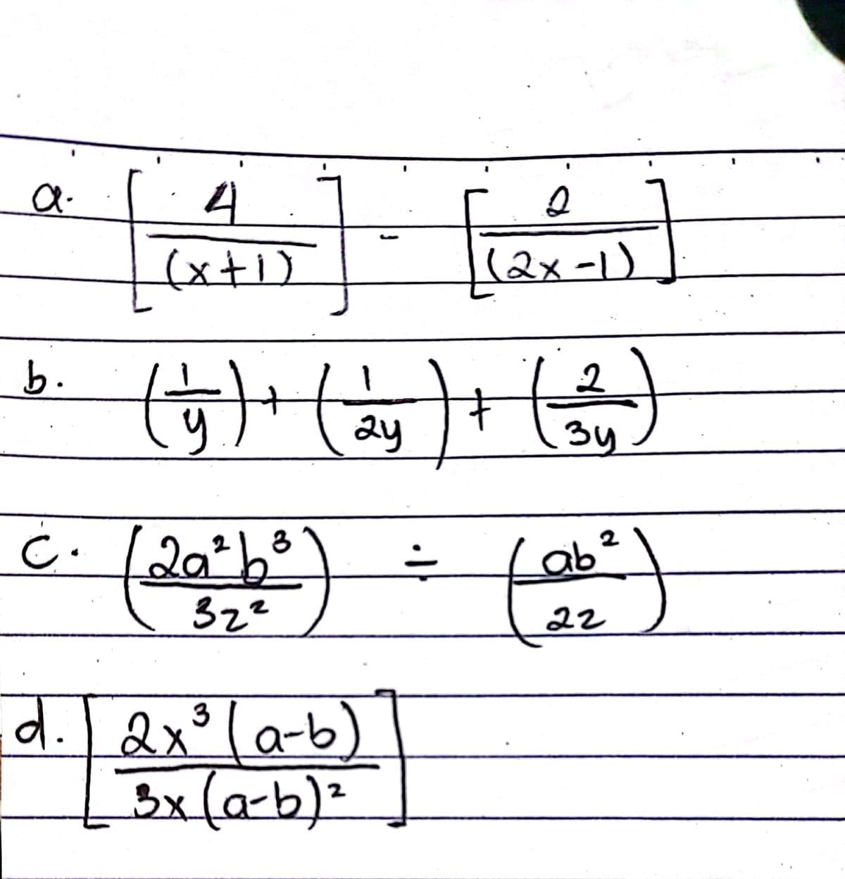 %3D
4
(x+1)
(२x -1)
(प)" (2) (®
b.
ay
34
८. [२०*}
Lab²
ab ?
32²
२2
d.I dx°)
la-b
3
3x(a-b)²
2
