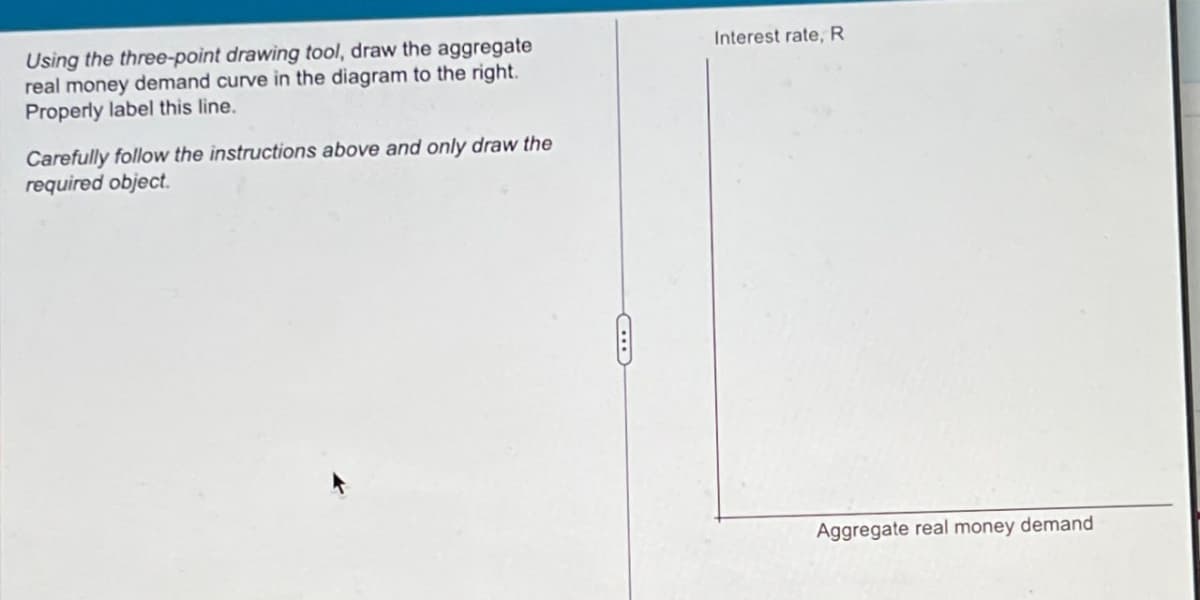 Using the three-point drawing tool, draw the aggregate
real money demand curve in the diagram to the right.
Properly label this line.
Carefully follow the instructions above and only draw the
required object.
Interest rate, R
Aggregate real money demand