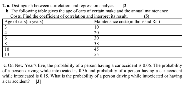 2. a. Distinguish between correlation and regression analysis. [2]
b. The following table gives the age of cars of certain make and the annual maintenance
Costs. Find the coefficient of correlation and interpret its result.
Age of cars(in years)
(5)
Maintenance costs(in thousand Rs.)
3
10
4
20
30
8
38
10
45
55
13
c. On New Year's Eve, the probability of a person having a car accident is 0.06. The probability
of a person driving while intoxicated is 0.36 and probability of a person having a car accident
while intoxicated is 0.15. What is the probability of a person driving while intoxicated or having
a car accident? []
