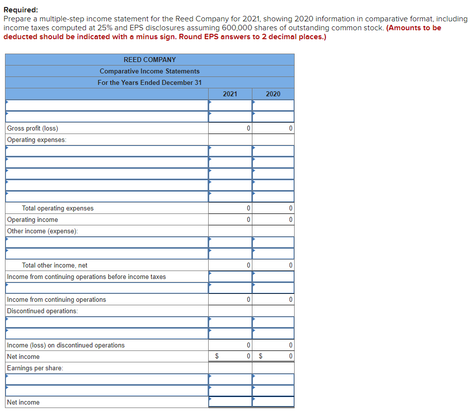 Required:
Prepare a multiple-step income statement for the Reed Company for 2021, showing 2020 information in comparative format, including
income taxes computed at 25% and EPS disclosures assuming 600,000 shares of outstanding common stock. (Amounts to be
deducted should be indicated with a minus sign. Round EPS answers to 2 decimal places.)
Gross profit (loss)
Operating expenses:
Total operating expenses
Operating income
Other income (expense):
REED COMPANY
Comparative Income Statements
For the Years Ended December 31
Total other income, net
Income from continuing operations before income taxes
Income from continuing operations
Discontinued operations:
Income (loss) on discontinued operations
Net income
Earnings per share:
Net income
$
2021
0
0
0
2020
0
0
0
0
0
0