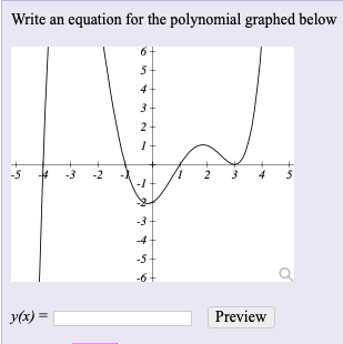 Write an equation for the polynomial graphed belov
6.
5-
4
3
2
-5
-3
-2
4
-1-
-3
-4
-5
-6
y(x) =
Preview
2.
