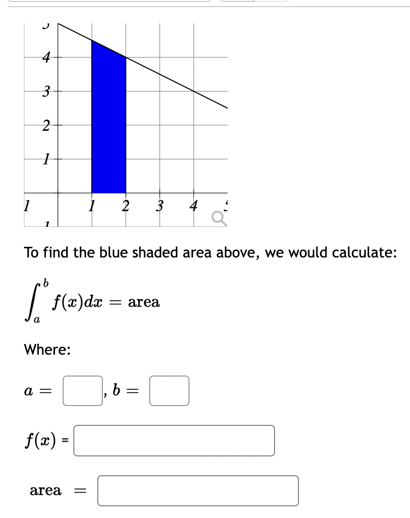 1
3
2
1
To find the blue shaded area above, we would calculate:
b
[ f(x) dx
Where:
a =
1
f(x) =
area =
3
= area
b =