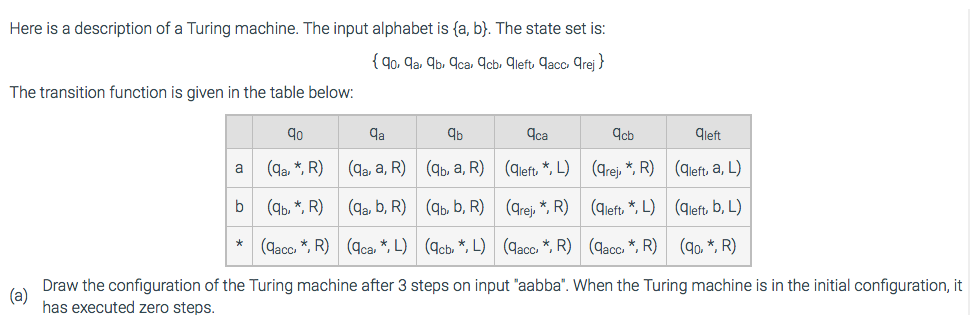 Here is a description of a Turing machine. The input alphabet is (a, b). The state set is:
{90, 9a, qb, qca, qcb, left, acc, arej}
The transition function is given in the table below:
9⁰
qa
qb
qca
(qa, *, R)
(qa, a, R)
(qb, a, R)
(dleft. *, L)
(9b, *, R)
(qa, b, R)
(qb, b, R)
(arej, *, R)
(qacc*, R)
(qca*, L) (9cb.*, L) (qacc.*, R)
(a)
Draw the configuration of the Turing machine after 3 steps on input "aabba". When the Turing machine is in the initial configuration, it
has executed zero steps.
a
b
*
qcb
(qrej. *, R)
(aleft, *, L)
(qacc.*, R)
gleft
(qleft, a, L)
(qleft, b, L)
(90,*, R)