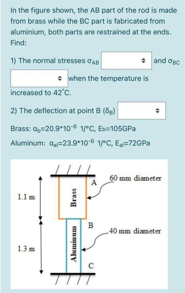 In the figure shown, the AB part of the rod is made
from brass while the BC part is fabricated from
aluminium, both parts are restrained at the ends.
Find:
1) The normal stresses oAB
and OBC
+ when the temperature is
increased to 42°C.
2) The deflection at point B (8B)
Brass: a,=20.9*10-6 1/°C, Eb=105GPA
Aluminum: aal=23.9*10-6 1/°C, Eal=72GPA
60 mm diameter
A
1.1 m
В
40 mm diameter
1.3 m
C
Aluminum
Brass
