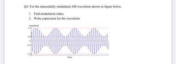 Q2 For the sinusoidally modulated AM waveform shown in figure below.
1. Find modulation index.
2 Write expression for the waveform
