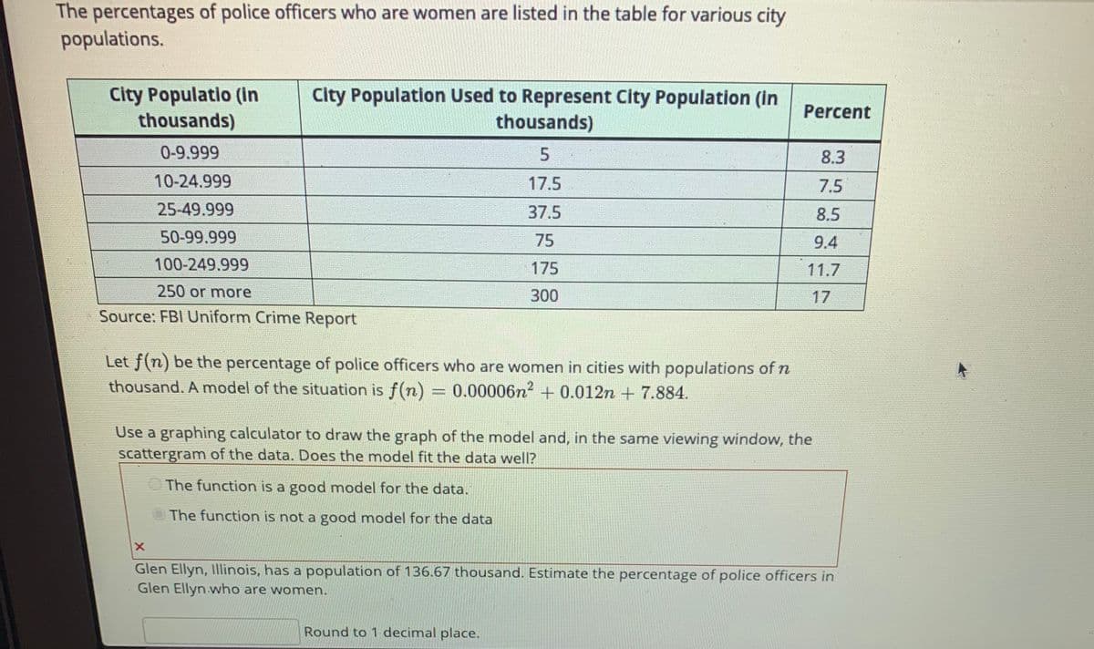 The percentages of police officers who are women are listed in the table for various city
populations.
City Populatio (in
thousands)
City Population Used to Represent City Population (in
thousands)
Percent
0-9.999
8.3
10-24.999
17.5
7.5
25-49.999
37.5
8.5
50-99.999
75
9.4
100-249.999
175
11.7
250 or more
300
17
Source: FBI Uniform Crime Report
Let f(n) be the percentage of police officers who are women in cities with populations of n
thousand. A model of the situation is f(n)
0.00006n2 +0.012n + 7.884.
Use a graphing calculator to draw the graph of the model and, in the same viewing window, the
scattergram of the data. Does the model fit the data well?
OThe function is a good model for the data.
The function is not a good model for the data
Glen Ellyn, Illinois, has a population of 136.67 thousand. Estimate the percentage of police officers in
Glen Ellyn.who are women.
Round to 1 decimal place.
