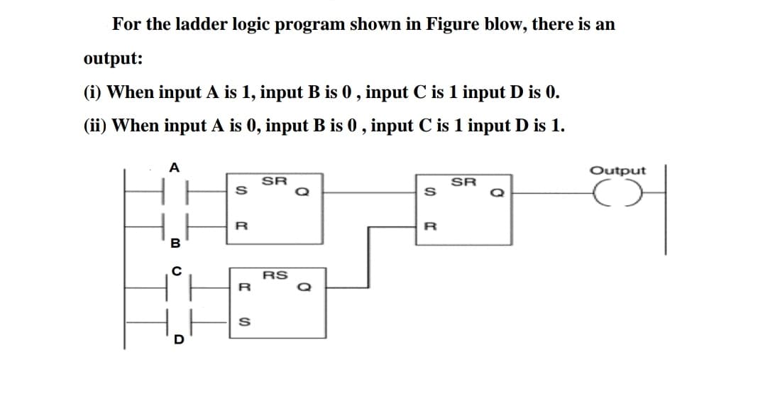 For the ladder logic program shown in Figure blow, there is an
output:
(i) When input A is 1, input B is 0, input C is 1 input D is 0.
(ii) When input A is 0, input B is 0, input C is 1 input D is 1.
A
SR
SR
S
Q
S
Q
Output
B
R
C
RS
R
D
S
R
