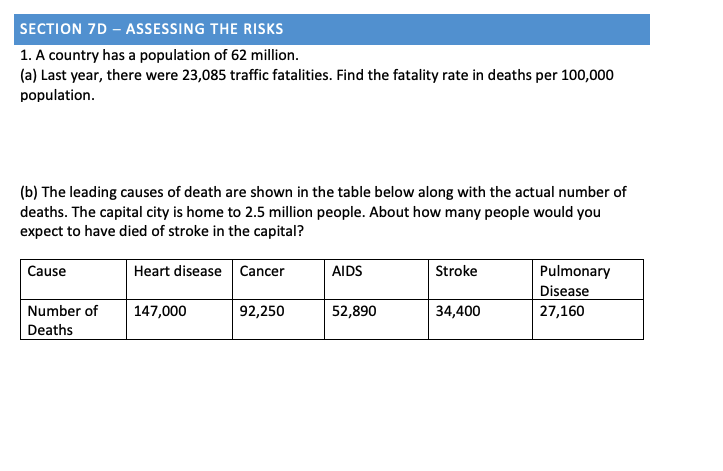 SECTION 7D - ASSESSING THE RISKS
1. A country has a population of 62 million.
(a) Last year, there were 23,085 traffic fatalities. Find the fatality rate in deaths per 100,000
population.
(b) The leading causes of death are shown in the table below along with the actual number of
deaths. The capital city is home to 2.5 million people. About how many people would you
expect to have died of stroke in the capital?
Cause
Heart disease Cancer
Number of
Deaths
147,000
92,250
AIDS
52,890
Stroke
34,400
Pulmonary
Disease
27,160