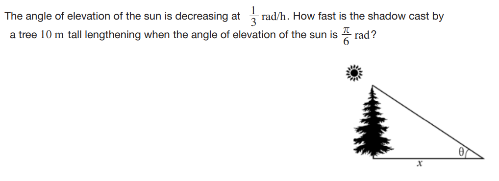 The angle of elevation of the sun is decreasing atrad/h. How fast is the shadow cast by
a tree 10 m tall lengthening when the angle of elevation of the sun israd?
07
X
