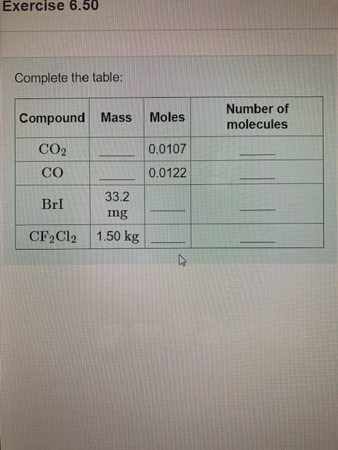 Exercise 6.50
Complete the table:
Number of
Compound Mass
Moles
molecules
CO2
0.0107
CO
0.0122
33.2
BrI
mg
1.50 kg
CF2CI2
