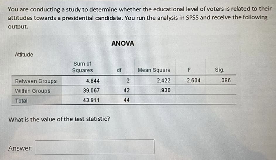 You are conducting a study to determine whether the educational level of voters is related to their
attitudes towards a presidential candidate. You run the analysis in SPSS and receive the following
output.
Attitude
Between Groups
Within Groups
Total
Sum of
Squares
Answer:
4.844
39.067
43.911
What is the value of the test statistic?
ANOVA
df
2
42
44
Mean Square
2.422
.930
F
2.604
Sig.
.086