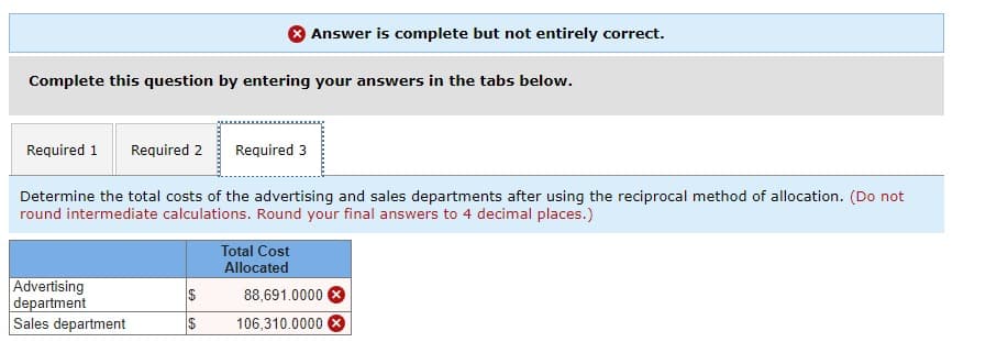 Complete this question by entering your answers in the tabs below.
Required 1 Required 2 Required 3
Determine the total costs of the advertising and sales departments after using the reciprocal method of allocation. (Do not
round intermediate calculations. Round your final answers to 4 decimal places.)
Advertising
department
Sales department
Answer is complete but not entirely correct.
$
$
Total Cost
Allocated
88,691.0000
106,310.0000