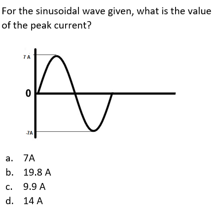 For the sinusoidal wave given, what is the value
of the peak current?
7A
-7A
а. 7A
b. 19.8 A
С.
9.9 A
d. 14 A
