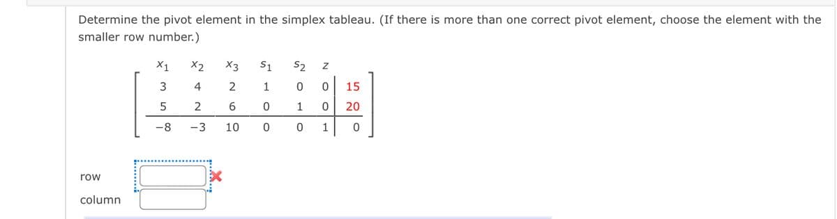 Determine the pivot element in the simplex tableau. (If there is more than one correct pivot element, choose the element with the
smaller row number.)
X1
X2
X3
S1
S2
3
4
2
1
15
1
20
-8
-3
10
1
row
column
N O O
