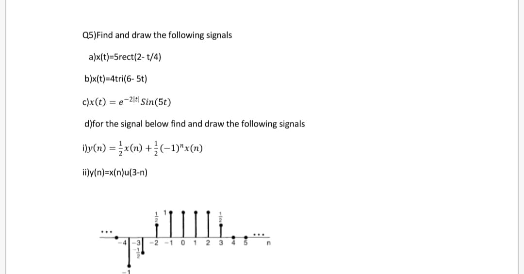 Q5)Find and draw the following signals
a)x(t)=5rect(2- t/4)
b)x(t)=4tri(6- 5t)
c)x(t) = e-2ltl Sin(5t)
d)for the signal below find and draw the following signals
ily(n) = }x(n) + }(-1)"x(n)
ii)y(n)=x(n)u(3-n)
-2 -1 0 12 3 4 5
